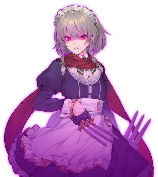 1girl adapted_costume angry apron between_fingers blue_gloves bow braid closed_mouth eho_(icbm) game_cg gloves green_bow grey_hair hair_bow holding holding_knife izayoi_sakuya juliet_sleeves knife knives_between_fingers labyrinth_of_touhou_(series) labyrinth_of_touhou_tri long_hair long_sleeves looking_at_viewer maid maid_headdress non-web_source official_art pocket_watch possessed puffy_sleeves purple_eyes purple_theme red_scarf scarf solo teeth touhou transparent_background twin_braids waist_apron watch white_apron