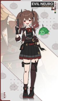 1girl absurdres ahoge asymmetrical_legwear badge baguette_(baguettech) bandaid bandaid_on_leg black_gloves black_shoes black_skirt black_vest bow bowtie broken_heart broken_heart_hair_ornament button_badge collared_shirt commentary english_commentary evil_neuro-sama fingerless_gloves full_body gloves gun hair_between_eyes heart highres holding holding_gun holding_weapon jacket knife_sheath lapels long_hair long_sleeves looking_at_viewer miniskirt neuro-sama notched_lapels open_mouth pleated_skirt red_bow red_bowtie red_eyes red_jacket red_socks red_thighhighs robot sheath shirt shoes single_sock single_thighhigh skirt socks solo thigh_strap thighhighs two_side_up uneven_legwear vedal987 vedal_ai vest weapon white_shirt