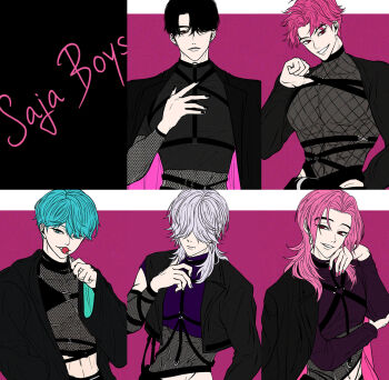 5boys abby_(kpop_demon_hunters) aqua_eyes aqua_hair baby_(kpop_demon_hunters) bad_id bad_twitter_id black_hair candy earrings fishnet_top fishnets food group_name hair_over_eyes hair_over_one_eye highres holding holding_candy holding_food holding_lollipop jewelry jinu_(kpop_demon_hunters) kpop_demon_hunters lollipop male_focus medium_hair multiple_boys mystery_(kpop_demon_hunters) pink_hair pink_nails pkkjn8 red_eyes romance_(kpop_demon_hunters) smile upper_body