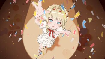 1girl :d arm_up blonde_hair blue_eyes braid braided_bangs confetti dress full_body hand_up highres jiedu_(gedoku_1) kiperina looking_at_viewer neck_ribbon open_mouth puffy_short_sleeves puffy_sleeves red_ribbon red_shoes reverse:1999 ribbon shoes short_sleeves smile solo spotlight tightrope white_dress