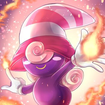 1girl blush_stickers closed_mouth colored_skin commentary curly_hair embers facing_viewer fire ghost gloves hair_over_eyes happy hat highres konna-nani long_hair male_focus mario_(series) nintendo outstretched_arms paper_mario paper_mario:_the_thousand-year_door pink_hair pink_hat purple_skin pyrokinesis smile solo striped_clothes striped_headwear two-tone_headwear vivian_(paper_mario) white_gloves white_hat witch_hat