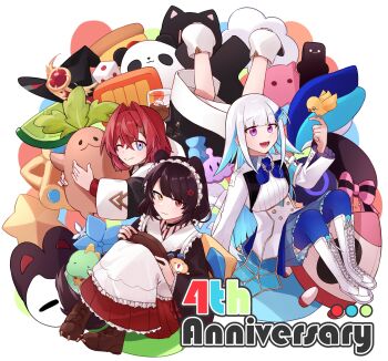 3girls :3 :d absurdres ange_katrina ange_katrina_(1st_costume) animal_ears animal_hair_ornament ankle_boots anniversary apron arm_support bird bird_on_hand black_coat black_collar black_hat blue_eyes blue_hair blue_neckerchief blue_skirt blue_thighhighs boots bow breasts brown_boots brown_hat brown_kimono brown_tail buttons cardigan clawed_boots closed_mouth coat collar colored_inner_hair colorful_background commentary_request crossed_bangs cup dice dog_ears dog_tail double-breasted drinking_glass english_text flower food frilled_apron frilled_skirt frills fruit gonzalez_(machita_chima) gradient_eyes hair_flower hair_intakes hair_ornament hamster hand_up hat hat_bow heterochromia high-waist_skirt highres holding holding_tray hug ice ice_cube inui_toko inui_toko_(1st_costume) japanese_clothes kimono knee_boots knees_up lace-up_boots layered_skirt lime_(fruit) lime_slice lize_helesta lize_helesta_(1st_costume) long_bangs long_hair long_skirt long_sleeves looking_at_animal looking_at_viewer lying maid_headdress mandragora_(ange_katrina) miniskirt monocle multicolored_eyes multicolored_hair multiple_girls neckerchief nijisanji on_stomach one_eye_closed open_mouth panda pink_bow pink_eyes pleated_skirt purple_eyes red_cardigan red_eyes red_hair red_skirt ribbed_shirt sanbaka_(nijisanji) sebastian_piyodore shirt short_hair shrug_(clothing) sidelocks sitting skirt slime_(kuha_le) small_breasts smile star_(symbol) streaked_hair tail thighhighs tray triangle_hair_ornament two-tone_hair very_long_hair virtual_youtuber waist_apron white_apron white_boots white_hair white_headdress white_shirt white_shrug white_skirt witch_hat yellow_bird yellow_eyes