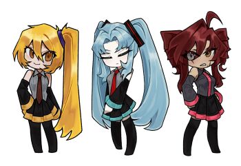 3girls ahoge akita_neru akita_neru_(cosplay) angela_(project_moon) black_skirt black_sleeves blonde_hair blue_hair closed_eyes closed_mouth cosplay detached_sleeves don_quixote_(project_moon) drill_hair full_body gebura_(project_moon) grey_shirt hatsune_miku hatsune_miku_(cosplay) kasane_teto kasane_teto_(cosplay) kasane_teto_(utau) limbus_company lobotomy_corporation multiple_girls necktie orange_eyes orange_necktie pink_necktie pleated_skirt project_moon red_hair red_necktie shirt side_ponytail sidelocks simple_background skirt smile suyapuya twin_drills twintails utau vocaloid white_background