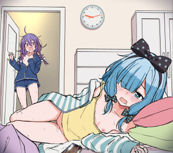 2girls ahoge analog_clock aqua_eyes bedroom black_bow black_hairband blue_hair blue_jacket blue_pajamas blue_shorts blush bottomless bow bow_hairband braid braided_twintails bright_pupils camisole cardigan caught cellphone clock collarbone commentary_request double-parted_bangs eyes_visible_through_hair female_masturbation female_pubic_hair flat_chest hair_between_eyes hair_bow hair_over_one_eye hairband head_on_pillow highres indoors jacket long_bangs long_hair long_sleeves low-tied_long_hair lying masturbation messy_hair multiple_girls nipples no_bra nose_blush off_shoulder on_side open_cardigan open_clothes open_door open_mouth orange_eyes original pajamas parted_bangs partially_unbuttoned petite phone pillow polka_dot polka_dot_bow pubic_hair purple_hair saliva short_shorts shorts sketch smartphone strap_slip striped_cardigan surprised sweat timestamp twintails urushiushiru v-shaped_eyebrows walk-in wardrobe wavy_mouth white_bow white_pupils yellow_camisole