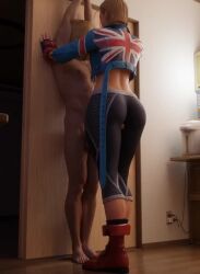 1boy 1girl 3d against_wall animated ass back blonde_hair boots cammy_white capri_pants clothed_female_nude_male faceless faceless_male femdom fingerless_gloves full_body gloves greese hetero indoors jacket mask nude pants penis sex standing standing_sex street_fighter tagme thigh_sex uncensored union_jack video