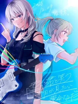 Rule 34 | 1girl, black choker, black shirt, blush, bracelet, choker, closed mouth, commentary, diagonal-striped clothes, diagonal-striped necktie, ear piercing, earrings, electric guitar, fanyaan, girls band cry, grey eyes, grey hair, guitar, guitar strap, hashtag-only commentary, highres, instrument, jewelry, juliet sleeves, kawaragi momoka, long hair, long sleeves, multicolored hair, multiple views, necktie, open mouth, piercing, ponytail, puffy sleeves, roots (hair), shirt, short sleeves, striped clothes, teeth, white shirt