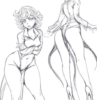 1girl absurdres ass commentary curly_hair dress feason graphite_(medium) high_heels highres long_sleeves looking_at_viewer no_panties one-punch_man short_hair simple_background sketch tatsumaki thighs traditional_media white_background