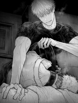 Rule 34 | 2boys, blush, choker, collared shirt, commentary, compression shirt, covered collarbone, covered pectorals, gojou satoru, greyscale, highres, indoors, itadori yuuji, jujutsu kaisen, looking at another, male focus, monochrome, multiple boys, nay bb, on bed, pectorals, shirt, short hair, smile, sweat, undercut, yaoi