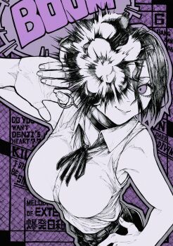 1girl bare_shoulders black_choker chainsaw_man choker collared_shirt explosion explosive grenade_pin greyscale hair_between_eyes highres kachihoko looking_at_viewer medium_hair monochrome neck_ribbon pulling purple_background purple_eyes reze_(chainsaw_man) ribbon shirt shirt_tucked_in sleeveless sleeveless_shirt translation_request