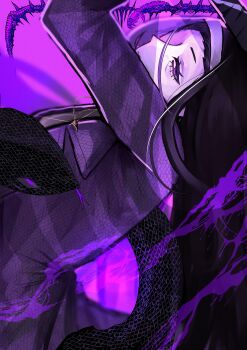 1girl absurdres black_hood character_request check_character commentary eyelashes formal_clothes highres iori_(project_moon) jewelry library_of_ruina looking_at_viewer necklace pink_background project_moon purple_aura purple_eyes purple_suit purple_theme remasan_0926 snake solo suit upper_body