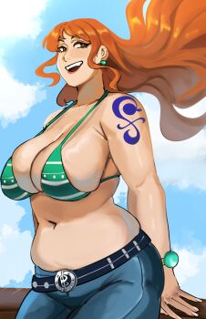 1girl absurdres belt bikini bikini_top_only breasts cleavage earrings female_focus highres jewelry large_breasts long_hair nami_(one_piece) navel one_piece orange_hair plump puzzledartist skindentation solo tattoo