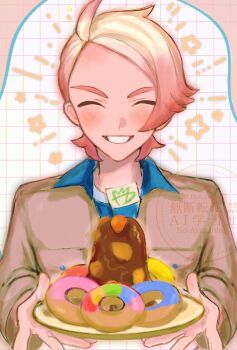 1boy ahoge arms_up blonde_hair blue_shirt blush brown_jacket closed_eyes collared_jacket commentary_request crew_neck donut food gradient_hair grid_background grin happy_aura highres holding holding_plate jacket long_sleeves male_focus mofumofuyarou multicolored_hair nintendo pink_hair plate pokemon pokemon_legends:_z-a shirt short_bangs smile solo teeth upper_body urbain_(pokemon) watermark