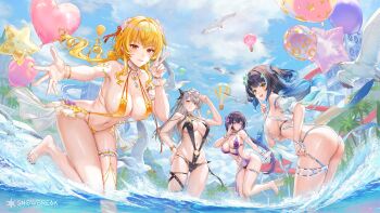 4girls aircraft atdan balloon barefoot beach bikini bird black_bikini black_hair blonde_hair blue_nails blue_streaks bow bracelet breasts cleavage cloud cloudy_sky detached_sleeves fenny_golden grey_hair hair_bow hair_intakes hair_ornament hand_on_own_hip heart_balloon highres hot_air_balloon in_water jewelry large_breasts leaning_forward leg_up legband legs_together long_hair looking_at_viewer low_twintails multicolored_hair multiple_girls navel nerida_morozova ocean outdoors palm_tree purple_bikini purple_eyes purple_hair red_eyes round_eyewear short_hair siris_(snowbreak) sky slingshot_swimsuit snowbreak:_containment_zone star_balloon sunglasses_on_head swimsuit tree twintails v vidya_shannon wet white_bikini yellow_bikini yellow_eyes
