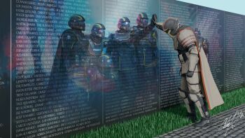 Rule 34 | 6+boys, armor, black cloak, black gloves, black helmet, black pants, boots, cloak, gloves, grass, helldiver (helldivers), helldivers (series), helmet, highres, jacket, monument, multiple boys, multiple girls, pants, standing, white cloak, white helmet, white pants