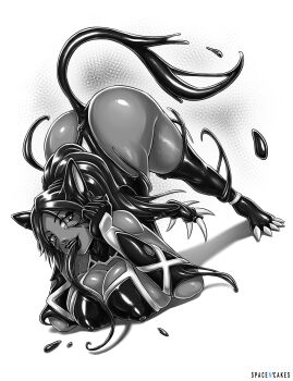 1girl 1other absurdres ass bikini bleach breasts corruption crossover curvy dark-skinned_female dark_persona dark_skin fingernails fusion greyscale high_ponytail highleg highleg_leotard highres huge_ass large_breasts leotard living_clothes long_hair long_tongue marvel monochrome naughty_face parasite ponytail possessed possession revealing_clothes shihouin_yoruichi shiny_skin smile spacen&#039;cakes spider-man_(series) swimsuit symbiote thong_bikini tongue tongue_out venom_(marvel) very_long_hair