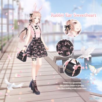 1girl animal_ear_hairband animal_ears artist_request bag belt bib_collar bird black_bag black_belt black_boots black_bow black_ribbon black_skirt blonde_hair blunt_bangs blurry blurry_background boots bow bracelet brown_hair character_name cherry_blossoms close-up clothes_writing collared_shirt copyright_logo day dock dot_nose dove english_text eyelashes fake_animal_ears flower footwear_ribbon frilled_shirt frills full_body hair_bow hair_ribbon hairband handbag happy high_heel_boots high_heels holding holding_bag jewelry lace-up_boots light_blush light_particles lipstick logo long_hair looking_ahead low_twintails makeup miniskirt miracle_nikki multiple_hair_bows nikki_(series) ocean official_art outdoors parted_lips petals pink_eyes pink_flower pink_hairband pink_lips pink_ribbon pink_shirt plaid_clothes plaid_skirt pleated_skirt print_skirt rabbit_ear_hairband rabbit_ear_sweetheart_(miracle_nikki) rabbit_ears reflection reflective_liquid ribbon ribbon_print shirt skirt sleeveless sleeveless_shirt smile solo sparkle standing suspender_skirt suspenders thigh_belt thigh_strap town tress_ribbon twintails very_long_hair wrist_ribbon