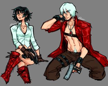 Rule 34 | 1boy, 1girl, black hair, collar, dante (devil may cry), devil may cry, devil may cry (series), devil may cry 3, ebony &amp; ivory, gun, highres, holding, holding gun, holding weapon, lady (devil may cry), no shirt, panties, pubic hair, rxsiki, striped clothes, striped panties, toned, toned male, topless male, underwear, weapon, white hair