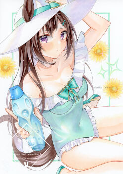 1girl absurdres animal_ears aqua_bow aqua_one-piece_swimsuit aqua_ribbon arm_up blush bottle bow bow_swimsuit breasts character_request cleavage closed_mouth collarbone commentary_request covered_navel flower frilled_one-piece_swimsuit frills hair_ornament hairclip hat hat_ribbon highres holding holding_bottle horse_ears horse_girl horse_tail large_breasts looking_at_viewer marker_(medium) one-piece_swimsuit parted_bangs purple_eyes ribbon shin_kun30 signature sitting solo sun_hat sunflower swimsuit tail traditional_media umamusume water_bottle watermark white_background white_hat yellow_flower
