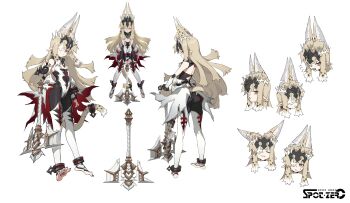 1girl absurdres animal_ears axe bare_shoulders barefoot crown fang fingernails highres holding holding_axe leotard long_hair official_art pointy_ears rod_raseri sharp_fingernails sharp_toenails spot_zero tail toenails white_background wolf_ears wolf_girl wolf_tail wrist_cuffs