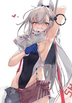 Rule 34 | 1girl, absurdres, american flag, american flag print, american flag skirt, aqua hair, areola slip, arm up, armpit focus, armpits, covered navel, denim, denim skirt, flag print, gloves, heart, highleg, highleg one-piece swimsuit, highres, japanese flag, kantai collection, kill markings, looking at viewer, one-piece swimsuit, partially fingerless gloves, presenting armpit, print skirt, skirt, smile, solo, steam, super highleg, sweat, swimsuit, two-tone one-piece swimsuit, wahoo (kancolle), wahoo kai (kancolle), white background, xiu kukkii
