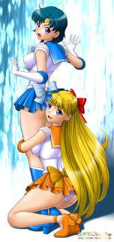 1990s_(style) 2girls aino_minako ass bad_id bad_pixiv_id bishoujo_senshi_sailor_moon blonde_hair blue_eyes blue_footwear blue_hair blue_sailor_collar blue_skirt boots bow breasts earrings elbow_gloves gloves hair_bow half_updo high_heels highres hug hug_from_behind inner_senshi jewelry knee_boots kneeling large_breasts long_hair magical_girl mizuno_ami multiple_girls no_socks onoe open_mouth orange_skirt panties red_bow retro_artstyle sailor_collar sailor_mercury sailor_venus short_hair skirt standing tiara underwear watermark web_address white_gloves