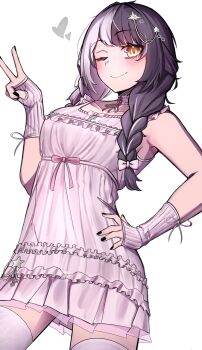 Rule 34 | 1girl, ;), absurdres, black hair, black nails, blush, bow, braid, breasts, closed mouth, cowboy shot, empire waist, fingerless gloves, frilled nightgown, gloves, grey hair, hair bow, hair ornament, hand on own hip, hand up, hashtag-only commentary, heart, highres, hololive, hololive english, large breasts, long hair, looking at viewer, low twin braids, multicolored hair, nail polish, nightgown, official alternate costume, official alternate hairstyle, one eye closed, pink bow, pink gloves, pink nightgown, ribbed gloves, shiori novella, shiori novella (sleepwear), silva arts, simple background, sleepwear, smile, solo, split-color hair, standing, star (symbol), star hair ornament, twin braids, two-tone hair, v, virtual youtuber, white background, yellow eyes