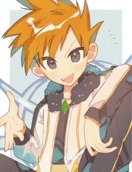 1boy black_jacket black_pants black_shirt blue_oak blue_oak_(arc_suit) blush brown_eyes brown_hair fur_trim gem green_gemstone highres jacket jewelry looking_at_viewer necklace nintendo official_alternate_costume open_clothes open_jacket open_mouth pants pokemon pokemon_masters_ex shirt short_hair smile spiked_hair sumeragi1101 teeth upper_teeth_only white_jacket