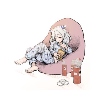 1girl absurdres animal_ears barefoot bean_bag_chair blue_pants blue_shirt breasts chips_(food) closed_eyes closed_mouth commentary ear_covers eating english_commentary food grey_hair highres hishi_miracle_(umamusume) holding holding_food horse_ears horse_girl kanran_(k_han_ran) lay's_(potato_chips) long_sleeves medium_hair pajamas pants potato_chips pringles_can print_pajamas shirt smile solo umamusume