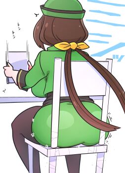 1girl absurdres ass bowler_hat breasts brown_hair brown_pantyhose chair commentary_request formal_clothes green_hat green_jacket green_skirt hair_ribbon hat hayakawa_tazuna highres jacket kaijin_debeso large_breasts long_sleeves pantyhose paper pencil_skirt ribbon sitting skirt skirt_suit solo split_ponytail suit tracen_academy umamusume yellow_ribbon