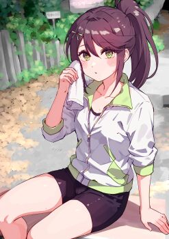 1girl absurdres birthday blush brown_hair commentary cream_(nipakupa) goto_akira green_eyes high_ponytail highres holding holding_towel ikizulive!_love_live!_bluebird jacket long_hair looking_at_viewer love_live! ponytail shorts sidelocks sitting solo towel