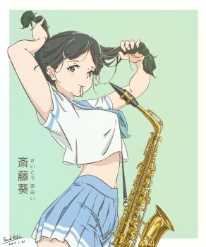 Rule 34 | 1girl, black hair, braid, breasts, character name, dated, green eyes, hair ornament, hair tie in mouth, hairclip, hibike! euphonium, highres, instrument, long hair, looking at viewer, medium breasts, midriff peek, mouth hold, navel, saitou aoi, school uniform, tanaka29556626, tenor saxophone, twin braids, tying hair