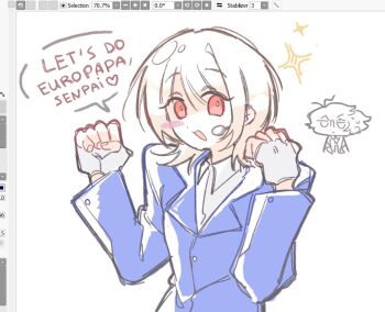 2boys :d akinashi_haru art_program_in_frame blue_jacket blush doodle_inset english_text europapa eurovision_song_contest headset heart jacket lapels microphone multiple_boys open_mouth red_eyes saihate_eki shoulder_pads_(fashion) smile sparkle speech_bubble squ15 tatsunami_shion white_hair