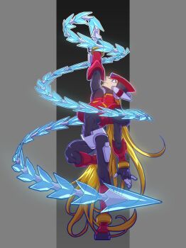 Rule 34 | 1boy, arm up, armor, black eyes, blonde hair, chain, forehead jewel, full body, g nm k, helmet, highres, holding, holding chain, holding weapon, long hair, male focus, mega man (series), mega man zero (series), mega man zero 2, red armor, red helmet, solo, standing, standing on one leg, weapon, zero(z) (mega man), zero (mega man)