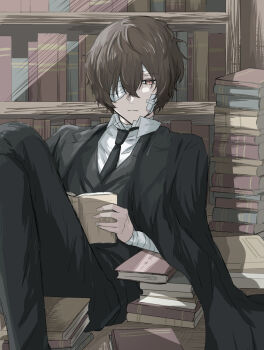 1boy bandage_over_one_eye bandaged_arm bandaged_neck bandages black_coat black_necktie black_pants book bookshelf brown_hair bungou_stray_dogs closed_mouth coat coat_on_shoulders collared_shirt commentary_request dazai_osamu_(bungou_stray_dogs) gauze gauze_on_cheek hair_between_eyes highres holding holding_book knees_up male_focus necktie open_book pants seyanaso shirt short_hair sitting solo white_shirt