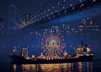 amusement_park boat canal carousel city_lights commentary_request ferris_wheel highres night night_sky no_humans ocean_liner original outdoors reflection reflective_liquid sadajiro scenery sky watercraft