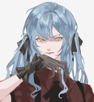 1girl bang_dream! bang_dream!_it&#039;s_mygo!!!!! black_gloves black_ribbon blue_hair commentary gloves hair_ribbon hand_up highres long_hair looking_at_viewer oblivionis_(bang_dream!) putaooking red_shirt ribbon shirt short_hair solo symbol-only_commentary togawa_sakiko upper_body yellow_eyes