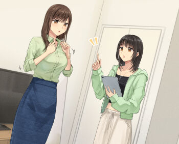 2girls black_hair black_shirt blue_skirt brown_eyes brown_hair collared_shirt commentary_request commission green_jacket green_shirt highres holding holding_tablet_pc hood hooded_jacket jacket long_sleeves multiple_girls office_lady open_clothes open_jacket original pixiv_commission setu_kurokawa shirt siblings sisters skirt standing tablet_pc textless_version white_skirt