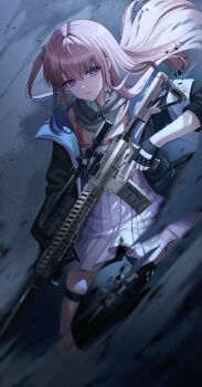 1girl absurdres black_gloves black_jacket black_thighhighs blue_eyes commentary commentary_request commission cowboy_shot dress dust english_commentary fingerless_gloves flat_chest gloves gun hair_ornament highres holding holding_gun holding_weapon jacket leg_up light_particles long_hair long_sidelocks long_sleeves looking_at_viewer mixed-language_commentary one_side_up open_clothes open_jacket original parted_lips pink_hair pixiv_commission pleated_dress purple_dress ryu_o sidelocks single_bare_leg skindentation solo st_ar-15_(girls&#039;_frontline) straight_hair suspenders thigh_strap thighhighs thighs weapon