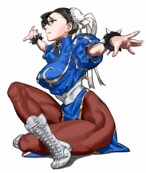 1girl absurdres arms_up boots bracelet brown_hair bun_cover capcom china_dress chinese_clothes chun-li double_bun dress fighting_stance full_body hair_bun hei_taiyou highres jewelry lace-up_boots pantyhose pelvic_curtain sash simple_background sitting solo spiked_bracelet spikes street_fighter street_fighter_ii_(series) toned toned_female white_boots white_sash