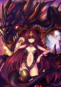 1girl armor black_hair black_thighhighs blonde_hair blue_eyes breasts claws dragon dragon_girl dragon_tail dwarf elf female_focus glowing glowing_eyes helmet horns jewelry long_hair monster_girl nefarian onyxia orange_eyes orb personification pointy_ears red_hair runes short_hair solo tail thighhighs very_long_hair warcraft world_of_warcraft wristband