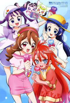 4girls :d absurdres animage anime_coloring aokaze_nana arched_bangs arm_around_shoulder baseball_cap blue_eyes blue_hair brown_hair camera collarbone copyright_name copyright_notice double-parted_bangs dress fairy hair_between_eyes hairband hat highres holding holding_camera jacket jewelry kimi_to_idol_precure light_blush long_hair looking_at_viewer magazine_scan meroron_(fairy)_(precure) meroron_(precure) multiple_girls necklace off-shoulder_shirt off_shoulder official_art open_mouth outstretched_arms pink_hairband pink_shirt pink_skirt precure purirun_(fairy)_(precure) purirun_(precure) purple_eyes purple_hair purple_jacket red_dress red_eyes red_hair sakura_uta_(precure) scan shigure_kokoro shirt short-sleeved_jacket short_dress short_sleeves sidelocks skirt smile spread_arms sun_hat teeth tera_(precure) twintails upper_teeth_only