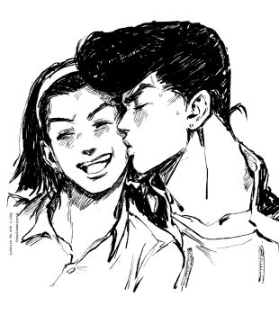 1boy 1girl black_hair closed_eyes diamond_wa_kudakenai earrings greyscale hairband higashikata_josuke higashikata_tomoko highres jewelry jojo_no_kimyou_na_bouken kiss kissing_cheek lips monochrome mother_and_son open_mouth pompadour santamanymany short_hair smile