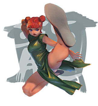 Rule 34 | 1girl, alternate hairstyle, blue eyes, breasts, china dress, chinese clothes, double bun, dress, flats, flying kick, full body, hair bun, hair ornament, hong meiling, kicking, open mouth, panties, red hair, sendai (nazonomono), small breasts, solo, star (symbol), star hair ornament, touhou, underwear, white panties