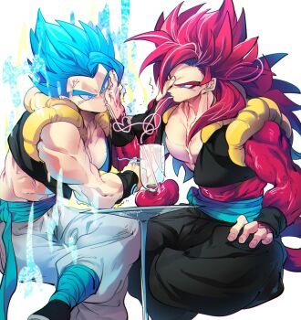 blue_eyes blue_sash dougi dragon_ball dragon_ball_super gogeta gogeta_(xeno) highres long_hair male_focus metamoran_vest monkey_boy monkey_tail multiple_boys muscular muscular_male ommmyoh open_mouth pants red_fur saiyan sash spiked_hair super_full_power_saiyan_4_limit_breaker super_saiyan super_saiyan_4 super_saiyan_blue tail time_patrol_(dragon_ball) twitter_username