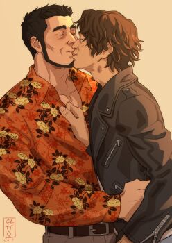 Rule 34 | 2boys, absurdres, beard, belt, black hair, black jacket, brown hair, chinstrap beard, closed eyes, clothes pull, commentary, facial hair, highres, hug, jacket, judge eyes, kaito masaharu, kiss, leather, leather jacket, male focus, multiple boys, orange shirt, shirt, shirt pull, smile, symbol-only commentary, teppn (gattobamboom), upper body, wavy hair, yagami takayuki, yaoi
