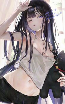 1girl absurdres arm_up armpits bare_shoulders black_hair black_shorts breasts camisole character_request commentary_request commission copyright_request cowboy_shot crop_top curtains drawstring highres holding holding_stuffed_toy indoors long_hair medium_breasts midriff miumiumi_99 navel no_bra one_eye_closed parted_lips purple_eyes short_sleeves shorts skeb_commission solo sparkle standing straight_hair strap_slip stuffed_animal stuffed_cat stuffed_toy sweat swept_bangs very_long_hair white_camisole window