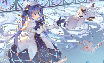 1girl absurdly_long_hair blue_bow blue_eyes blue_gloves blue_hair book bow braid dress floating fur_trim gloves glowing hair_bow hat hatsune_miku highres indoors kan_(rainconan) light_particles long_hair lower_teeth_only open_book open_hand paper parted_lips rabbit sheet_music stained_glass teeth twintails very_long_hair vocaloid white_dress white_headwear yuki_miku yuki_miku_(2021)