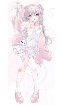 Rule 34 | 1girl, absurdres, arm up, armpits, asymmetrical legwear, bandaid, bandaid on knee, bandaid on leg, bare shoulders, bibi-chan (x 127x), bow, bruise, cardigan, cardigan partially removed, collar, collarbone, commentary request, crossed bangs, dress, footwear bow, full body, gauze, gauze on cheek, gauze on leg, grey eyes, grey hair, hair between eyes, hair ornament, heart, heart hair ornament, highres, holding own leash, injury, kneehighs, leash, legwear garter, long hair, looking at viewer, open mouth, original, pigeon-toed, pillarboxed, pink bow, pink cardigan, pink shoes, shoes, sleeve bow, sleeves past wrists, socks, solo, standing, thigh gap, thighhighs, torn clothes, torn thighhighs, two side up, very long hair, white bow, white collar, white dress, white socks, white thighhighs