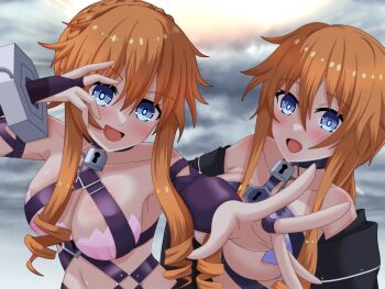 2girls :d absurdres bare_shoulders blue_eyes breasts cleavage cloud cloudy_sky commentary_request cuffs date_a_live dated_commentary hair_between_eyes highres keyhole lock looking_at_viewer multiple_girls open_mouth orange_hair otozato_yomi padlock siblings sky smile twins upper_body yamai_kaguya yamai_yuzuru