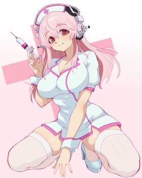 1girl absurdres breasts cleavage commentary dress english_commentary headphones highres holding holding_syringe isasoup large_breasts looking_at_viewer nitroplus nurse official_alternate_costume pink_hair pink_thighhighs puffy_sleeves red_eyes shoes smile solo squatting super_sonico syringe thick_thighs thighhighs thighs white_dress white_shoes wrist_cuffs